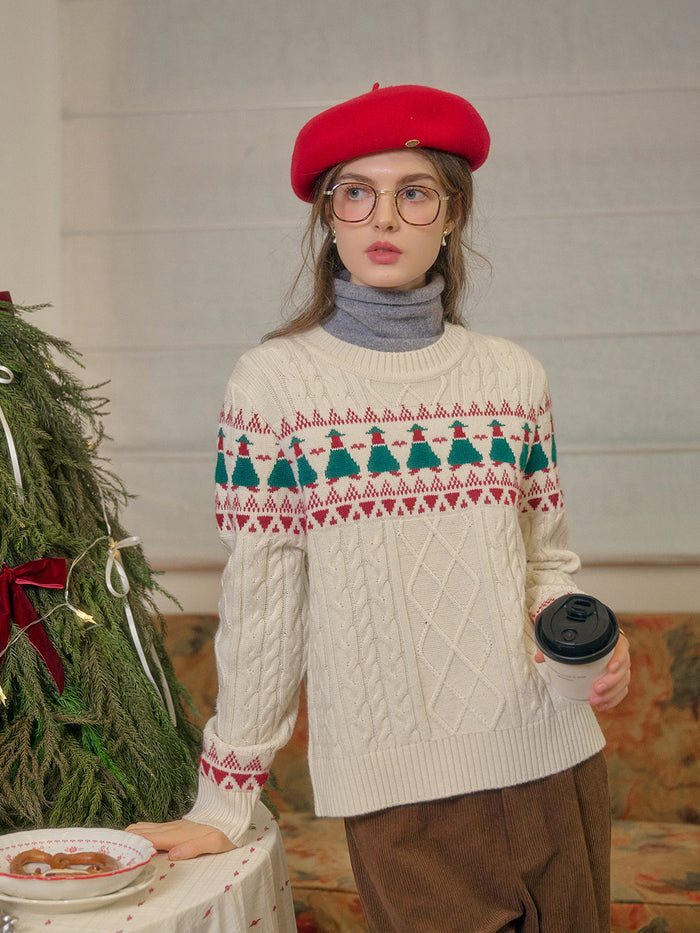 【Final Sale】Charlize Fair Isle Ribbed Round Neck Christmas Wool Sweater