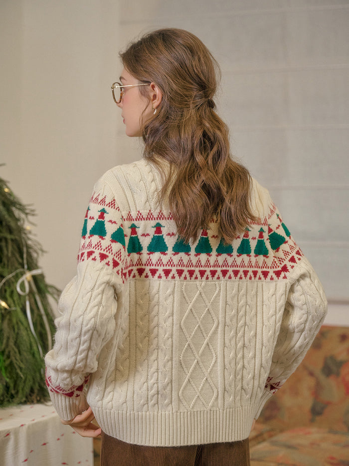 【Final Sale】Charlize Fair Isle Ribbed Round Neck Christmas Wool Sweater