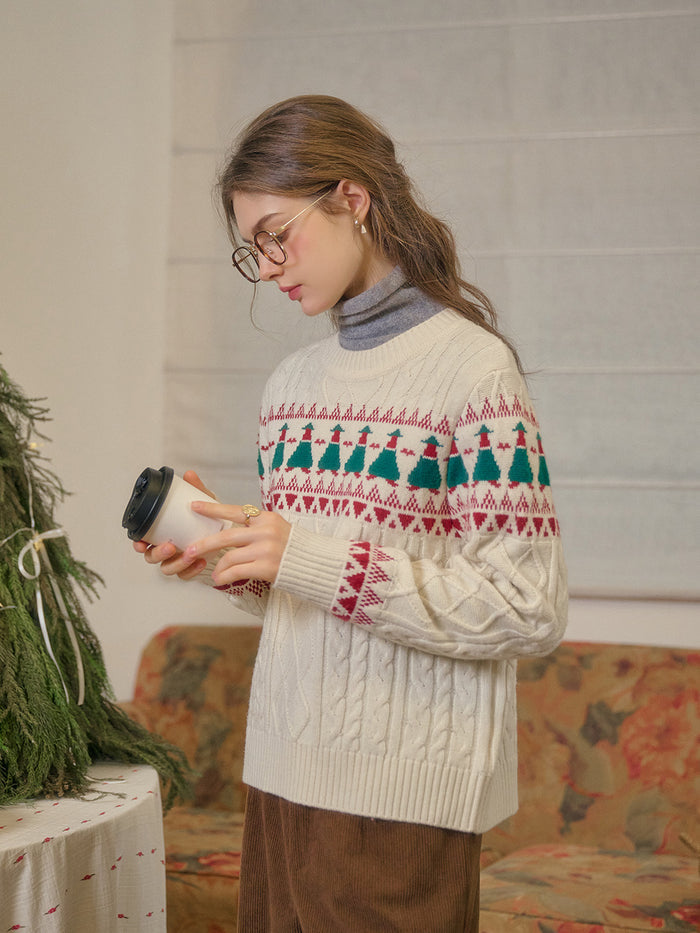 【Final Sale】Charlize Fair Isle Ribbed Round Neck Christmas Wool Sweater