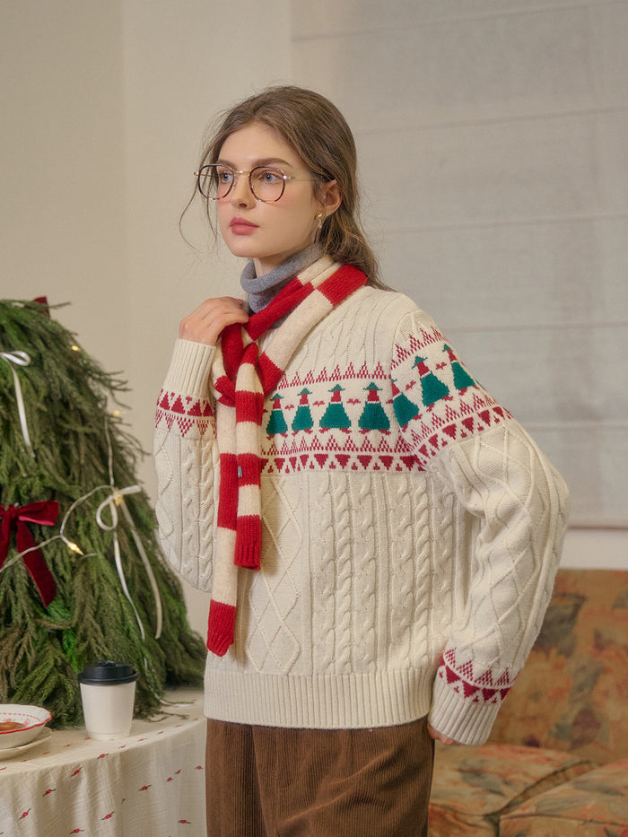 【Final Sale】Charlize Fair Isle Ribbed Round Neck Christmas Wool Sweater