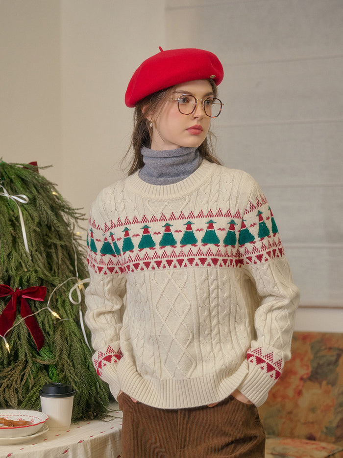 【Final Sale】Charlize Fair Isle Ribbed Round Neck Christmas Wool Sweater