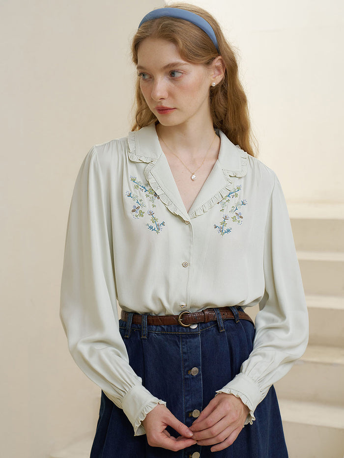 【Final Sale】Convallaria Floral Embroidered White Puff Top