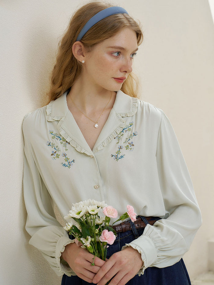 【Final Sale】Convallaria Floral Embroidered White Puff Top