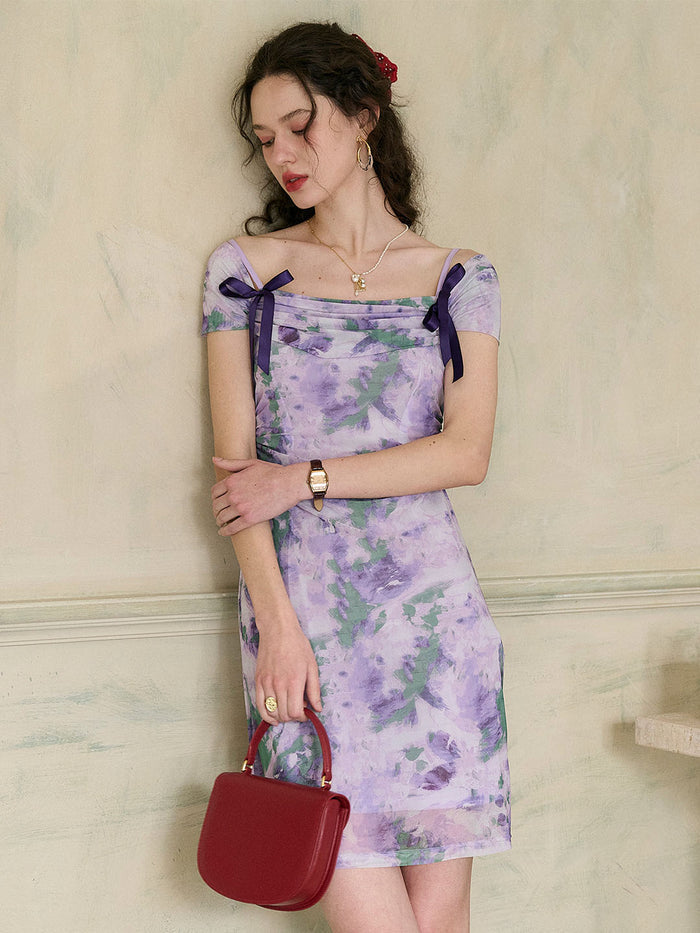 【Final Sale】Jacqueline Floral Print Off-The-Shoulder Contrast Bow Slip Dress