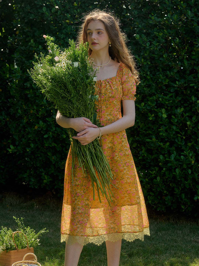 【Final Sale】Joanna Casual Vacation Style Square Neckline Floral Printed Dress