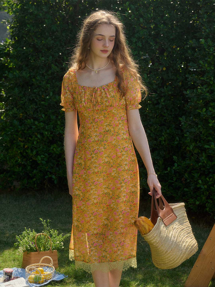 【Final Sale】Joanna Casual Vacation Style Square Neckline Floral Printed Dress