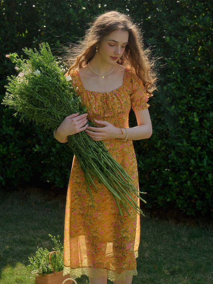 【Final Sale】Joanna Casual Vacation Style Square Neckline Floral Printed Dress