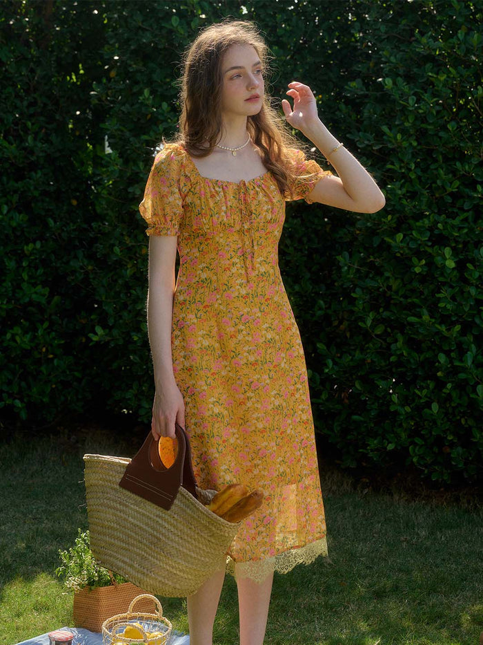 【Final Sale】Joanna Casual Vacation Style Square Neckline Floral Printed Dress
