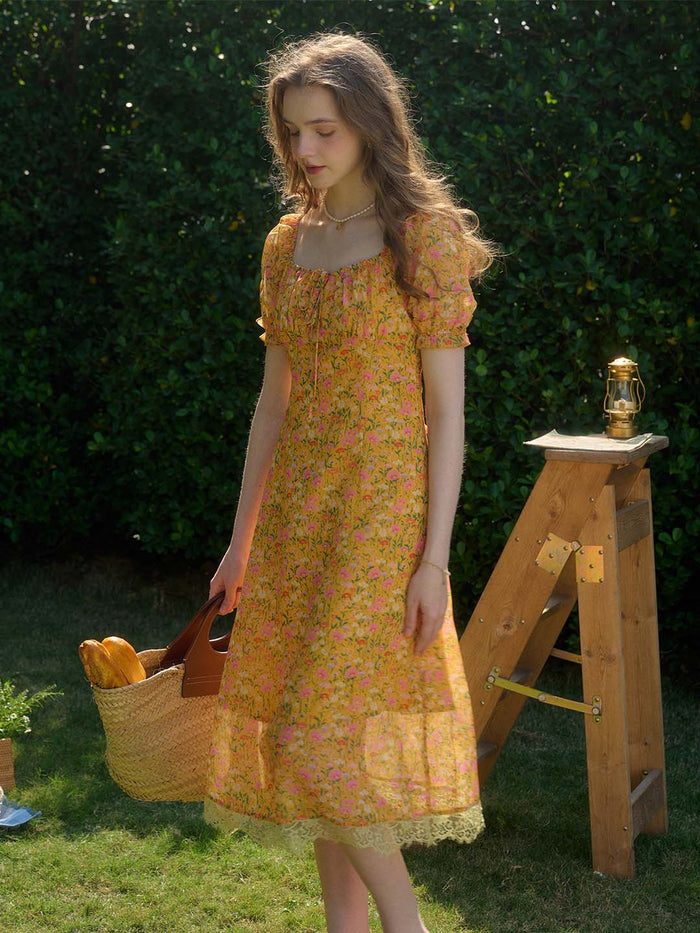 【Final Sale】Joanna Casual Vacation Style Square Neckline Floral Printed Dress