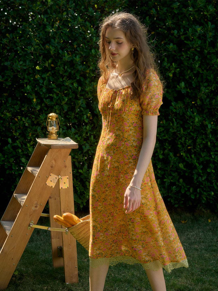 【Final Sale】Joanna Casual Vacation Style Square Neckline Floral Printed Dress
