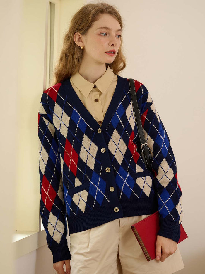 【Final Sale】Jolene Argyle Patterned Dark Blue Knit Cardigan