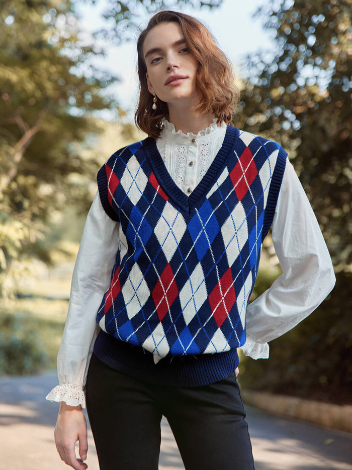Jolene V-Neck Argyle Diamond Vest/Simple Retro/22220