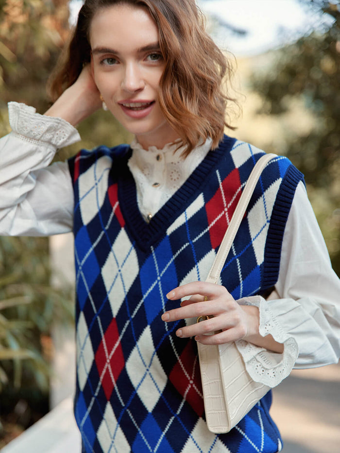 Jolene V-Neck Argyle Diamond Vest/Simple Retro/22220