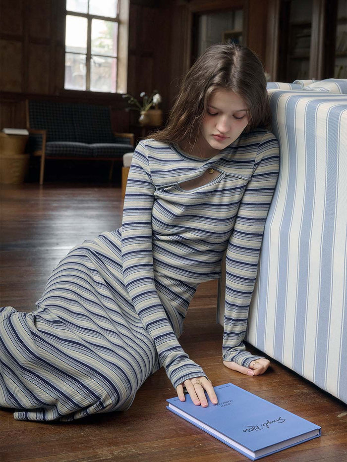 【Final Sale】Klaren Strip Knit Round Neck Slip Maxi Dress With Ribbon