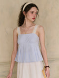 【Final Sale】Kora Square Neck Lace Contrast Pleated Cotton Camisole Top