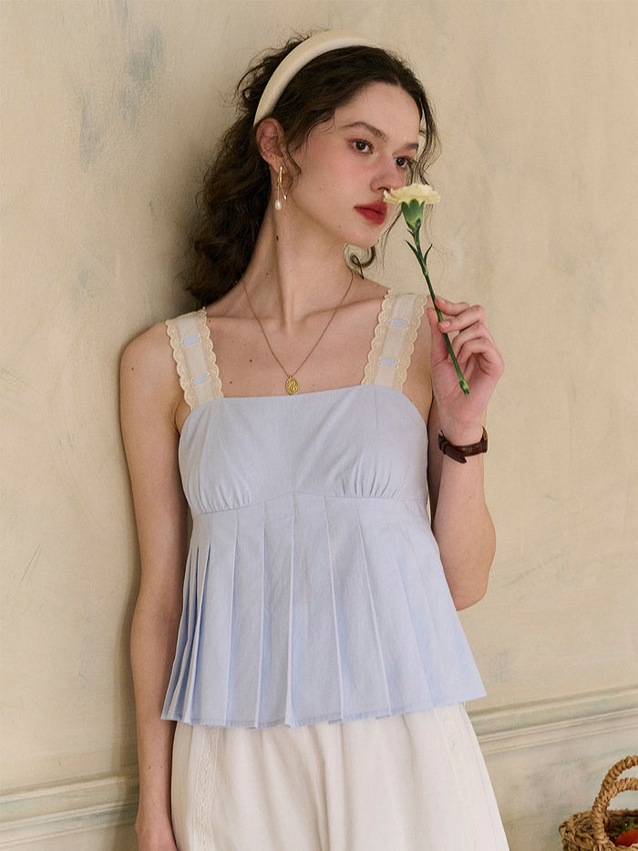 【Final Sale】Kora Square Neck Lace Contrast Pleated Cotton Camisole Top
