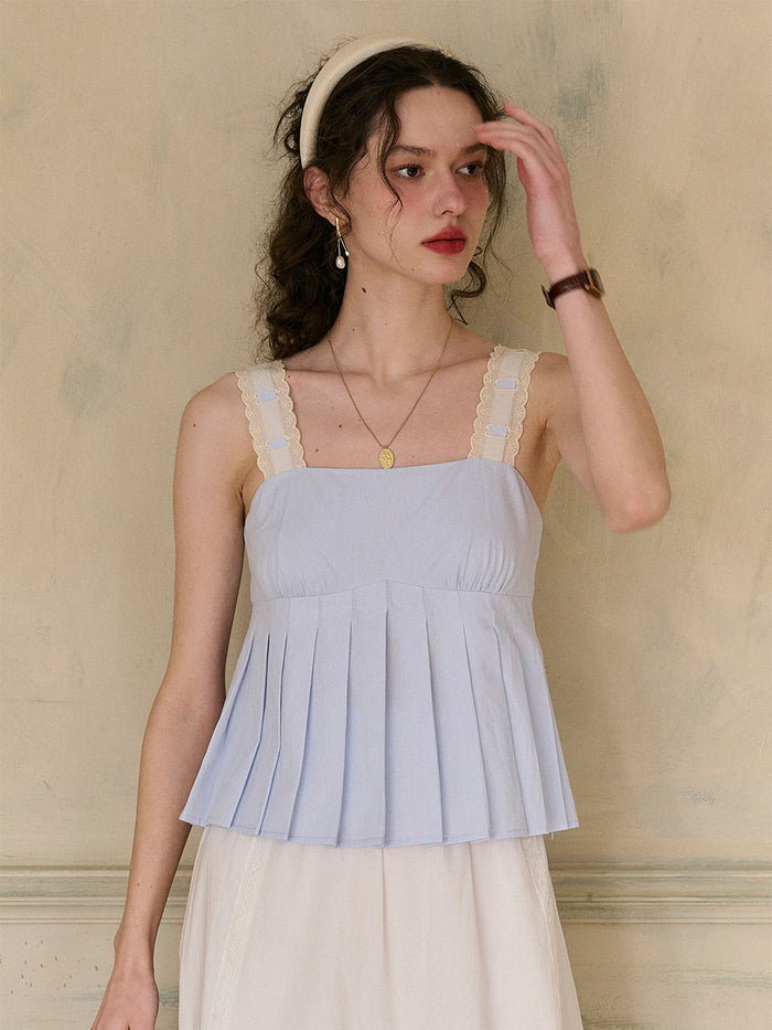 【Final Sale】Kora Square Neck Lace Contrast Pleated Cotton Camisole Top