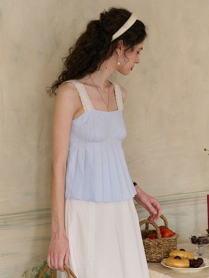 【Final Sale】Kora Square Neck Lace Contrast Pleated Cotton Camisole Top