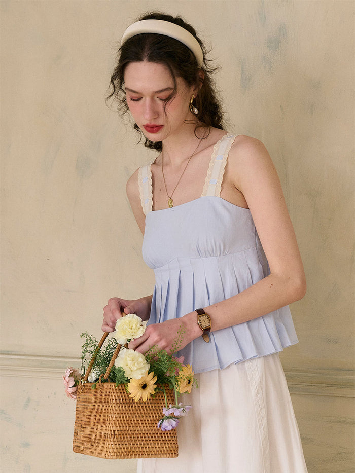 【Final Sale】Kora Square Neck Lace Contrast Pleated Cotton Camisole Top