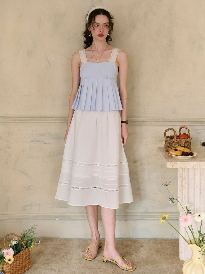 【Final Sale】Kora Square Neck Lace Contrast Pleated Cotton Camisole Top