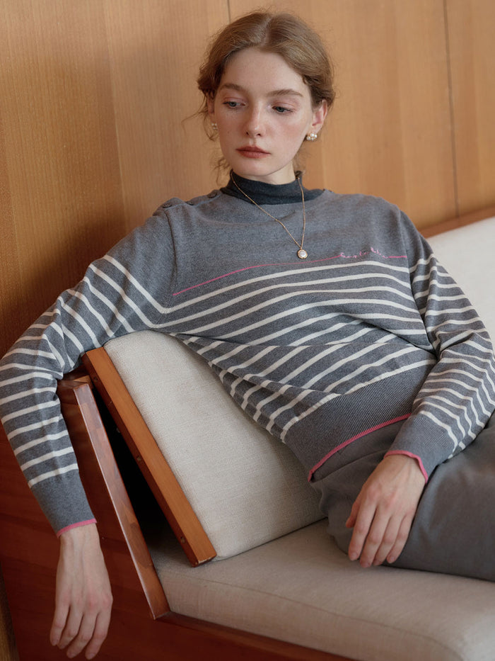 【Final Sale】Nori Vintage Striped Contrast Crewneck Knit Top-Grey