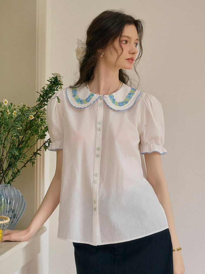 【Final Sale】Olivia Peter Pan Collar Embroidery 100% Cotton Blouse