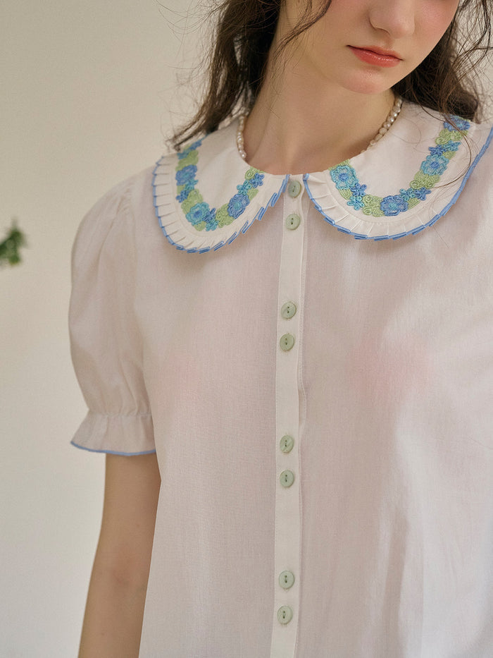 【Final Sale】Olivia Peter Pan Collar Embroidery 100% Cotton Blouse