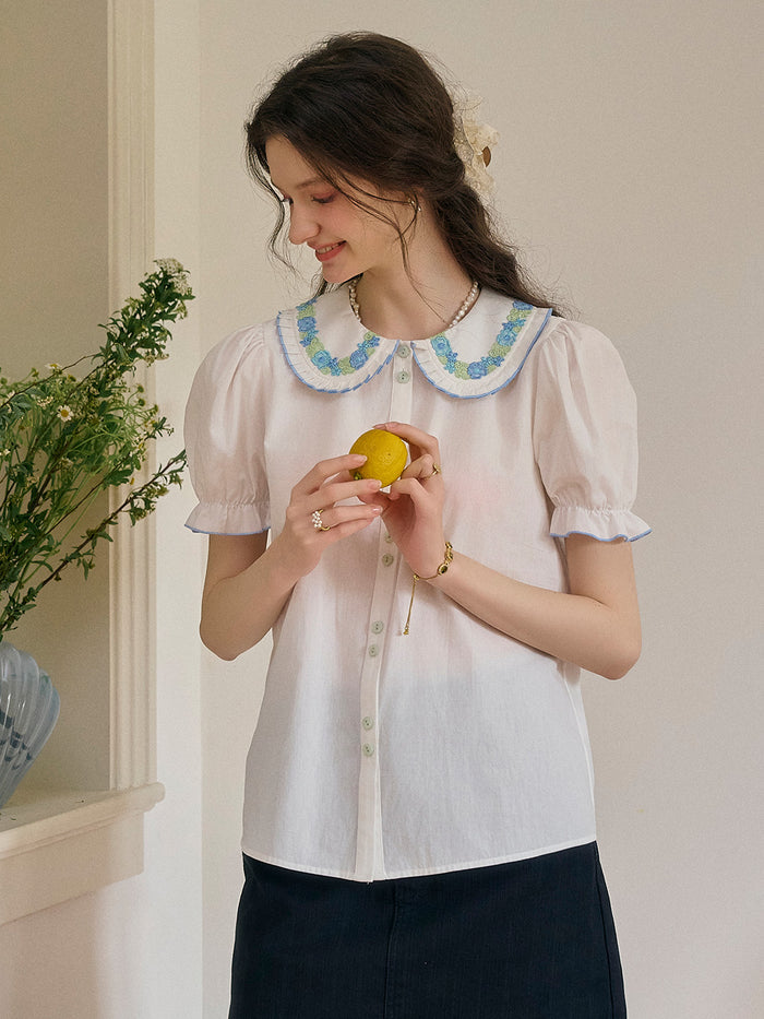 【Final Sale】Olivia Peter Pan Collar Embroidery 100% Cotton Blouse