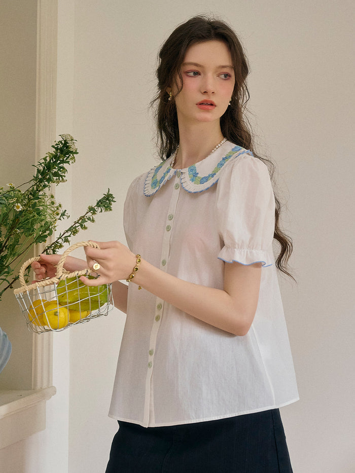 【Final Sale】Olivia Peter Pan Collar Embroidery 100% Cotton Blouse