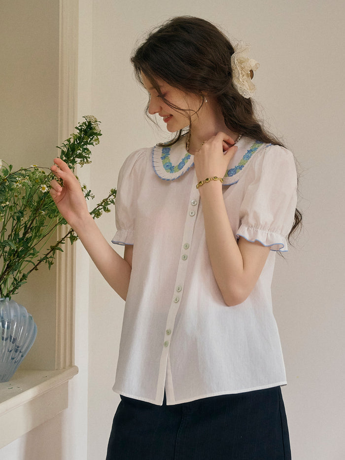 【Final Sale】Olivia Peter Pan Collar Embroidery 100% Cotton Blouse