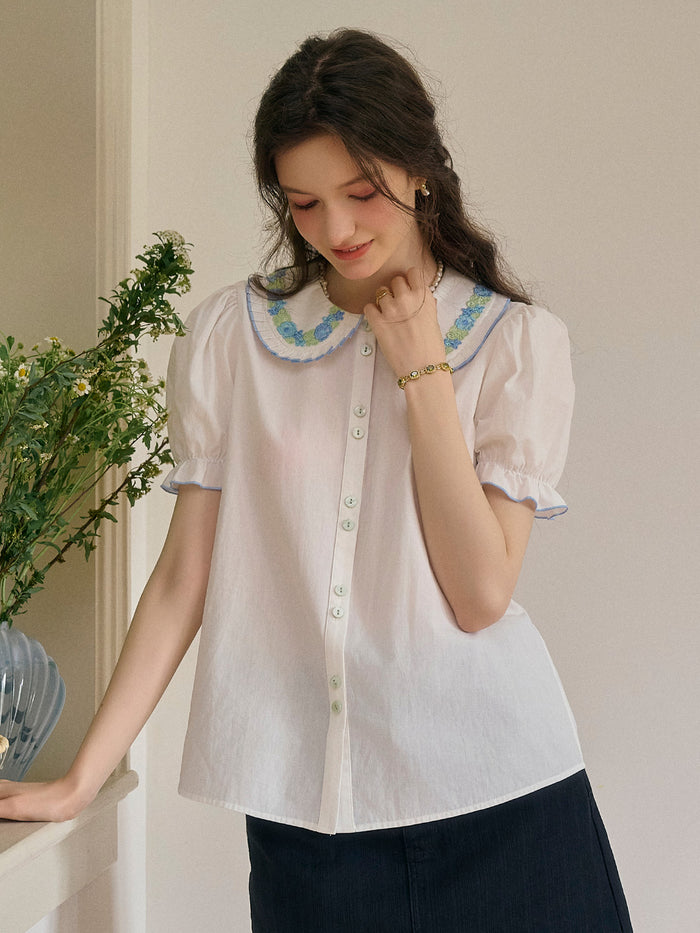【Final Sale】Olivia Peter Pan Collar Embroidery 100% Cotton Blouse