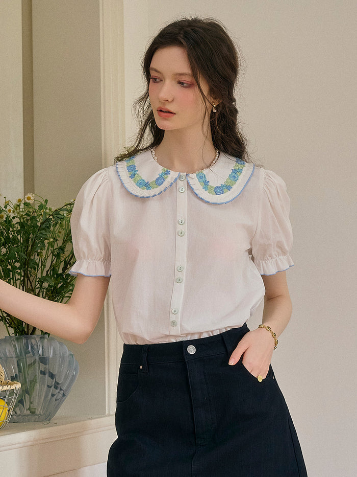 【Final Sale】Olivia Peter Pan Collar Embroidery 100% Cotton Blouse