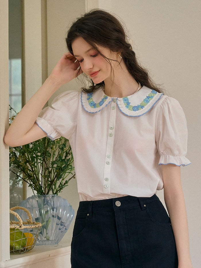 【Final Sale】Olivia Peter Pan Collar Embroidery 100% Cotton Blouse