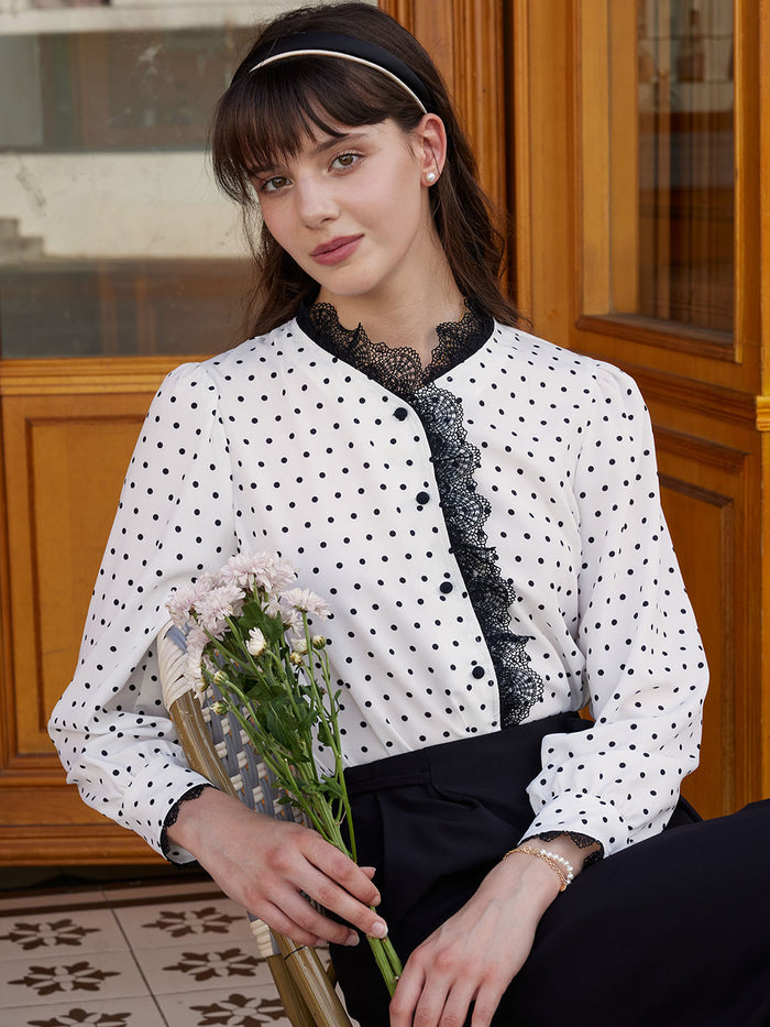【Final Sale】Rosalina Polka Dot Contrast Lace Panel Blouse