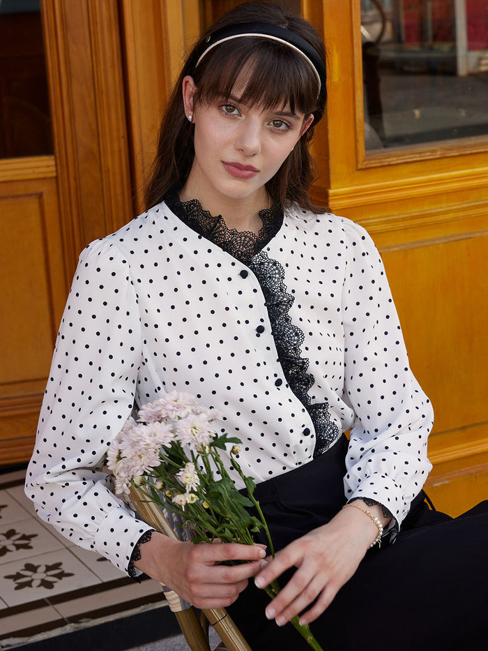 【Final Sale】Rosalina Polka Dot Contrast Lace Panel Blouse