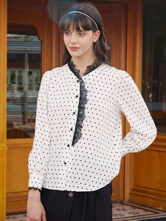【Final Sale】Rosalina Polka Dot Contrast Lace Panel Blouse