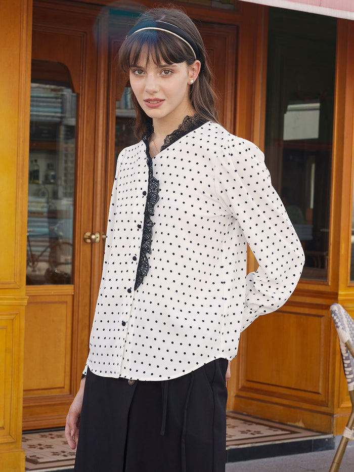 【Final Sale】Rosalina Polka Dot Contrast Lace Panel Blouse