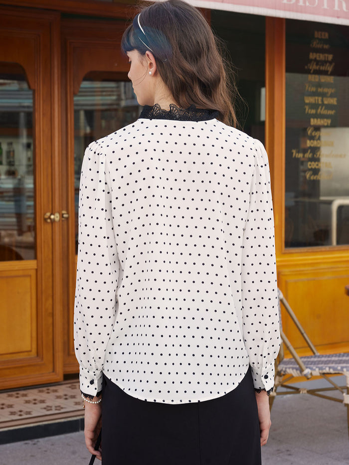 【Final Sale】Rosalina Polka Dot Contrast Lace Panel Blouse