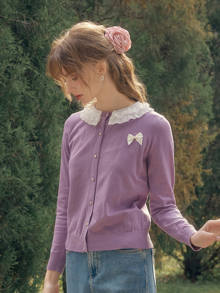 【Final Sale】Ruby Lace Lapel Contrasting Bow Cardigan - Purple