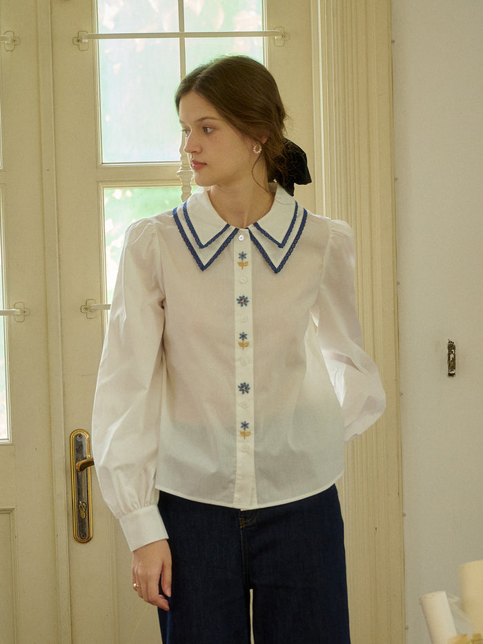 【Final Sale】Sarah Embroidery Contrast Collar Casual Shirts