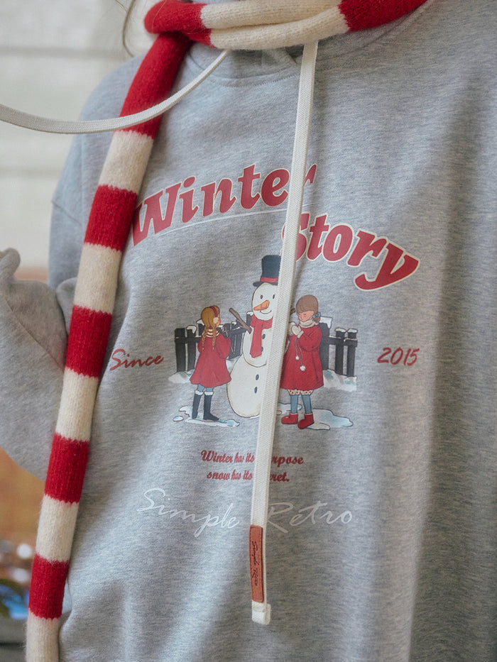 【Final Sale】Selene Winter Story Snowman Pattern Drawstring Hoodie