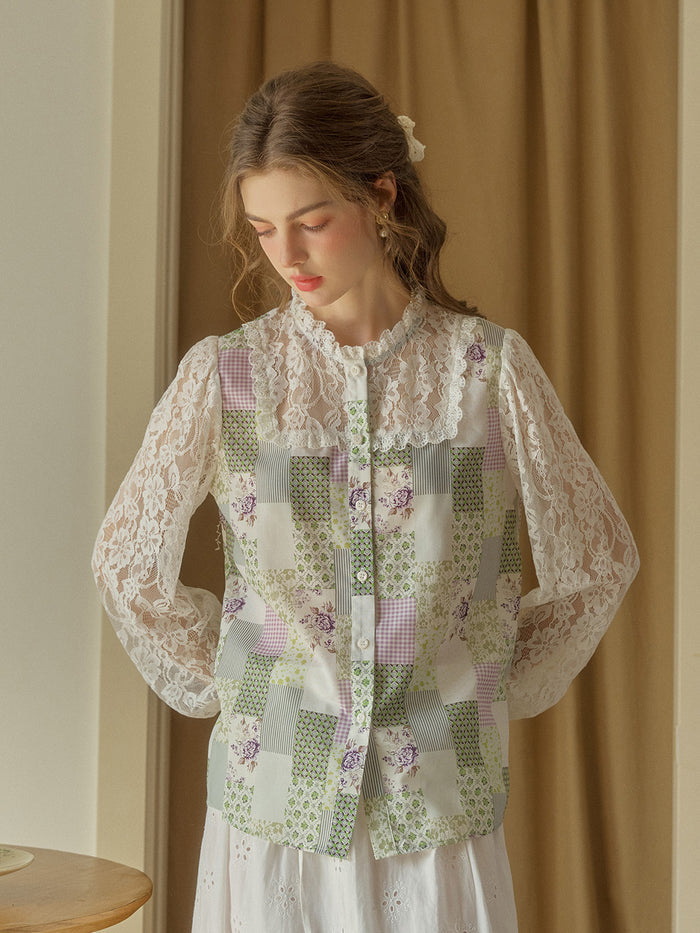 【Final Sale】Vivienne Lace Collar Patchwork Blouse - Green