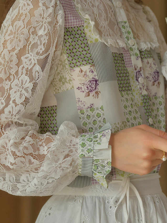 【Final Sale】Vivienne Lace Collar Patchwork Blouse - Green