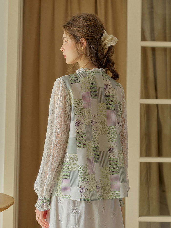 【Final Sale】Vivienne Lace Collar Patchwork Blouse - Green