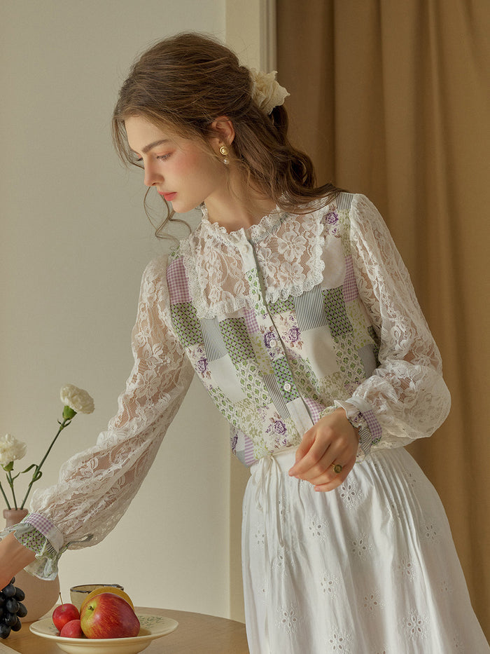 【Final Sale】Vivienne Lace Collar Patchwork Blouse - Green