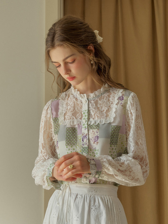 【Final Sale】Vivienne Lace Collar Patchwork Blouse - Green