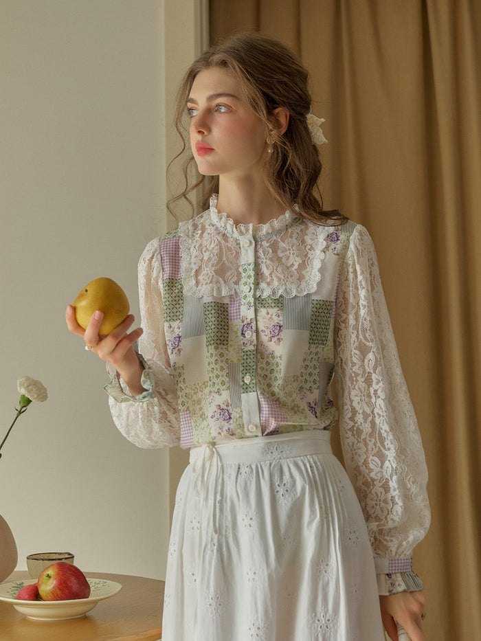 【Final Sale】Vivienne Lace Collar Patchwork Blouse - Green