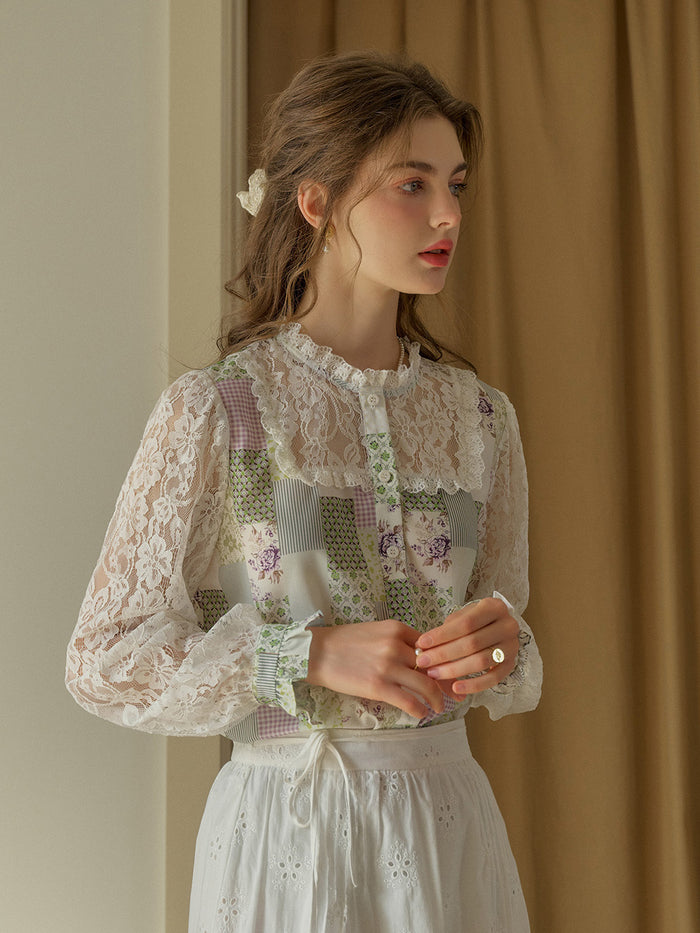 【Final Sale】Vivienne Lace Collar Patchwork Blouse - Green