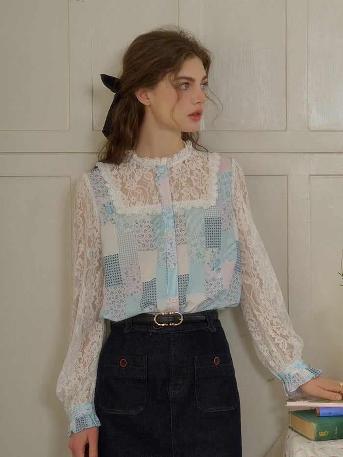 【Final Sale】Vivienne Lace Collar Patchwork Blouse