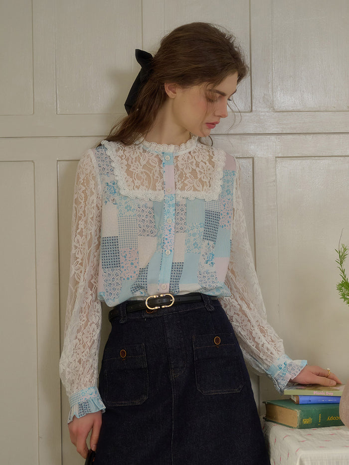 【Final Sale】Vivienne Lace Collar Patchwork Blouse